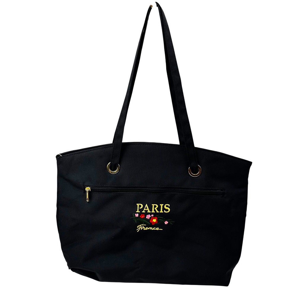 Paris France Bon Voyage Embroidered Black Canvas Tote Bag Large Travel Souvenir